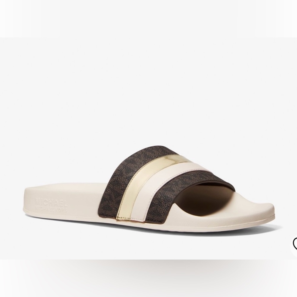 Michael Kors Brandy Metallic Striped Logo Slide Sandels